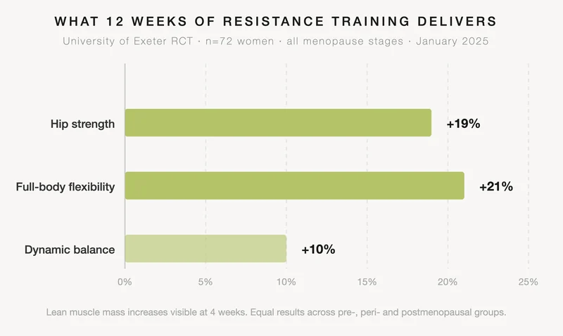 Horizontal bar chart showing results from 12 weeks of resistance training in women across all menopause stages: hip strength up 19%, full-body flexibility up 21%, dynamic balance up 10%. Source: University of Exeter, January 2025.